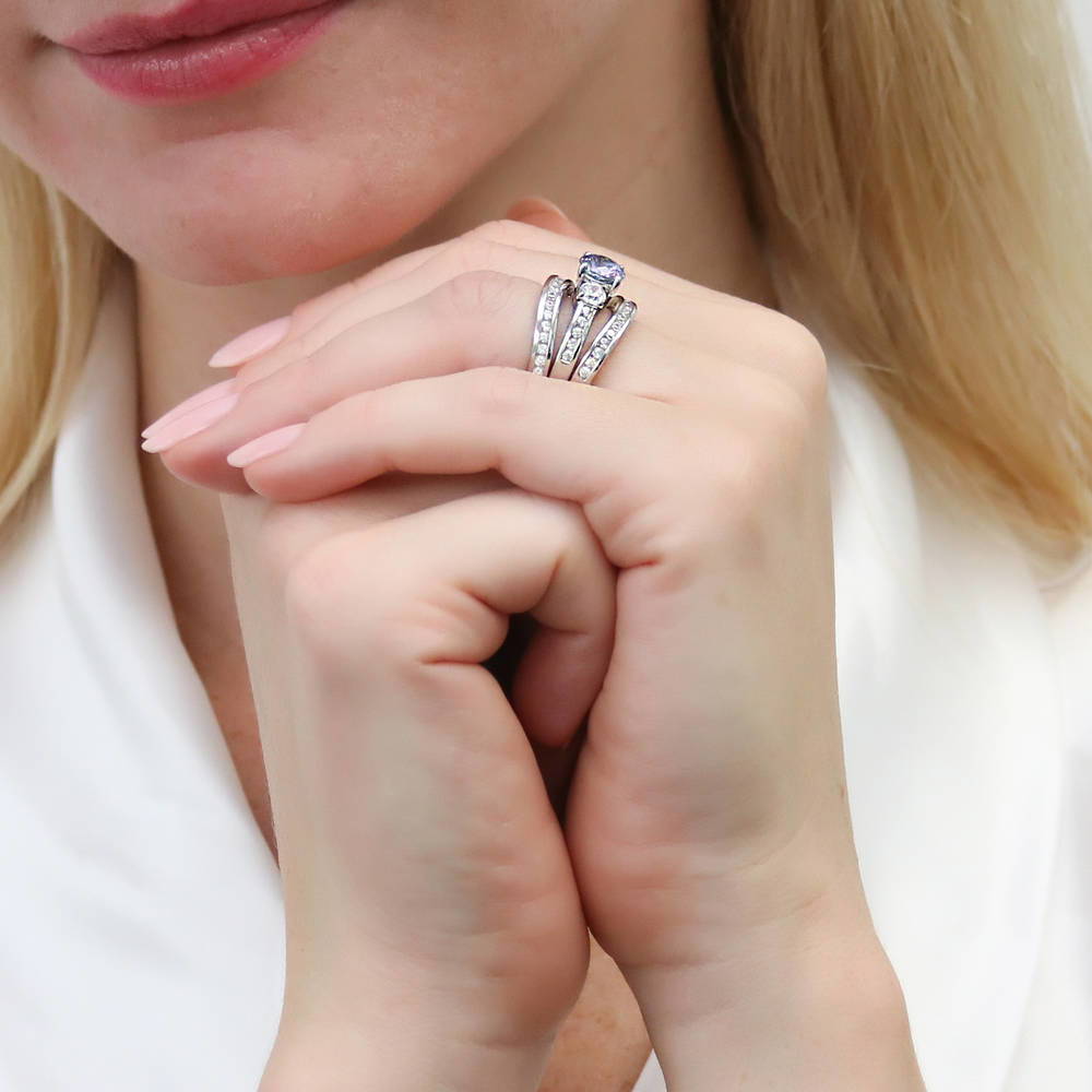 Model wearing 3-Stone Kaleidoscope Purple Aqua Round CZ Ring Set in Sterling Silver