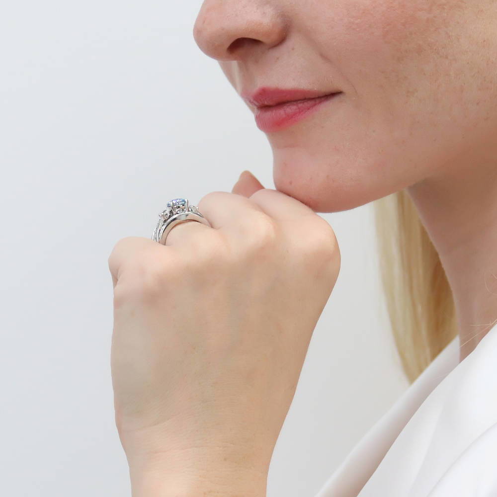 3-Stone Kaleidoscope Purple Aqua CZ Ring in Sterling Silver
