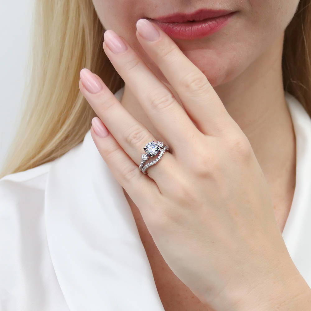 Model wearing 3-Stone Woven Round CZ Ring Set in Sterling Silver, 2 of 17