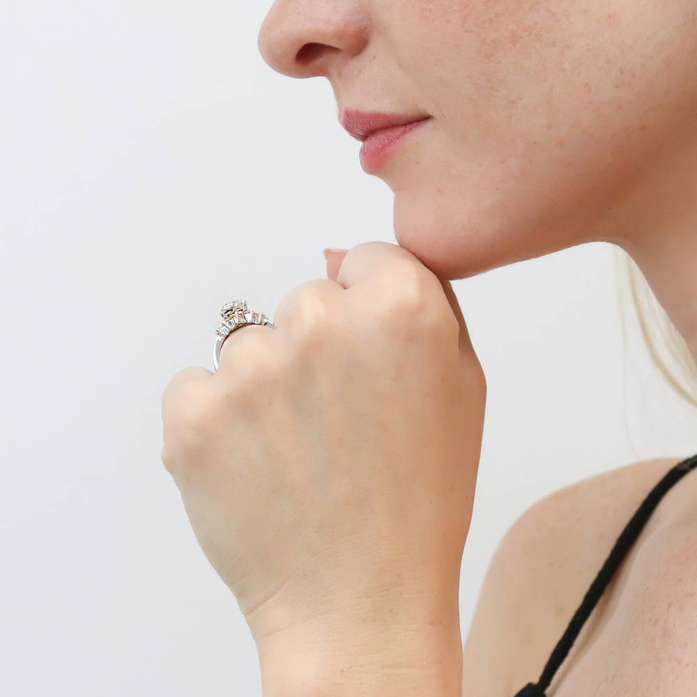 Model wearing 5-Stone Chevron CZ Ring Set in Sterling Silver