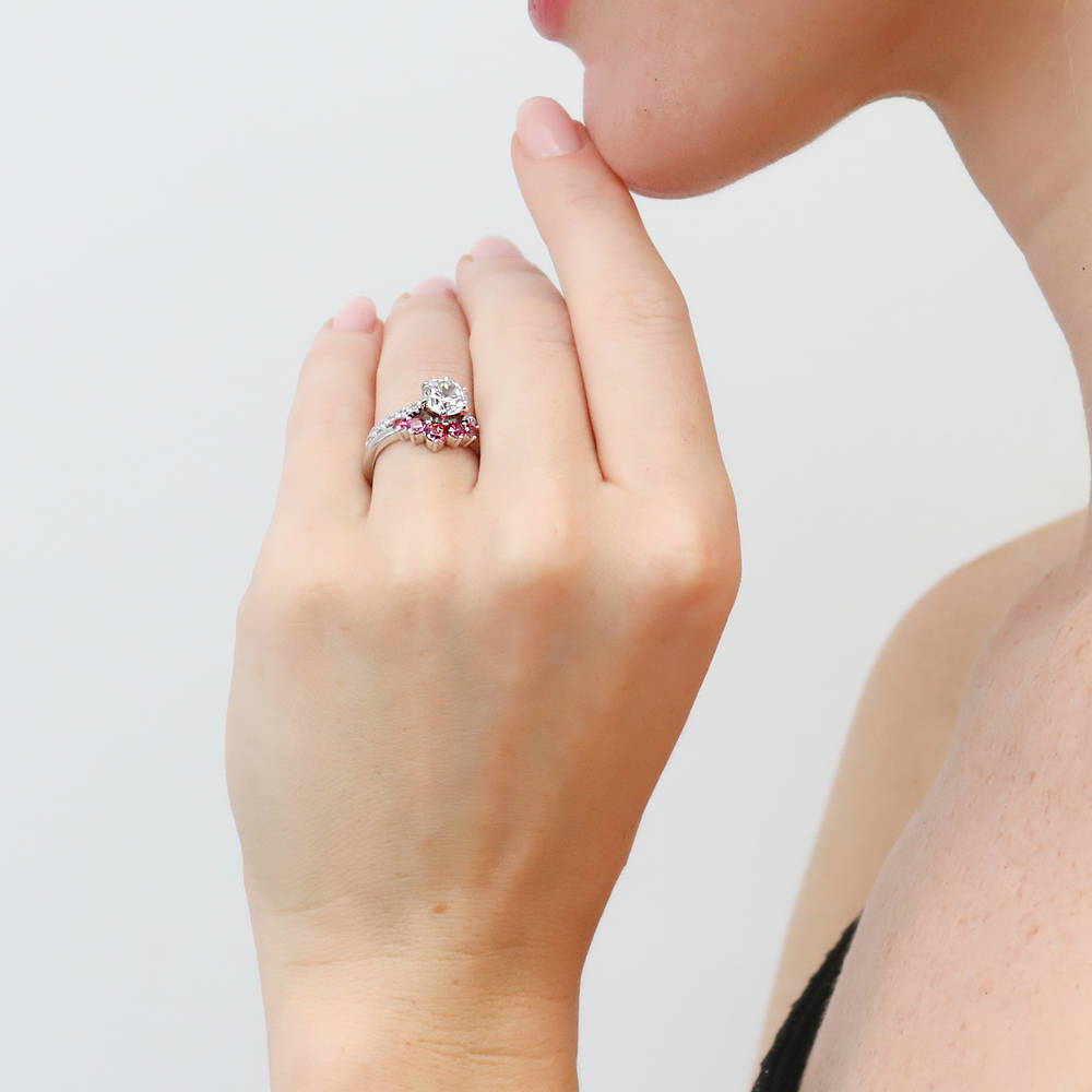 Model wearing 5-Stone Solitaire CZ Ring Set in Sterling Silver