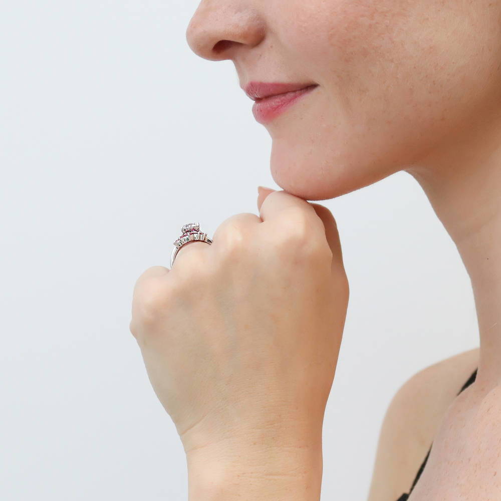 Model wearing 5-Stone Solitaire CZ Ring Set in Sterling Silver