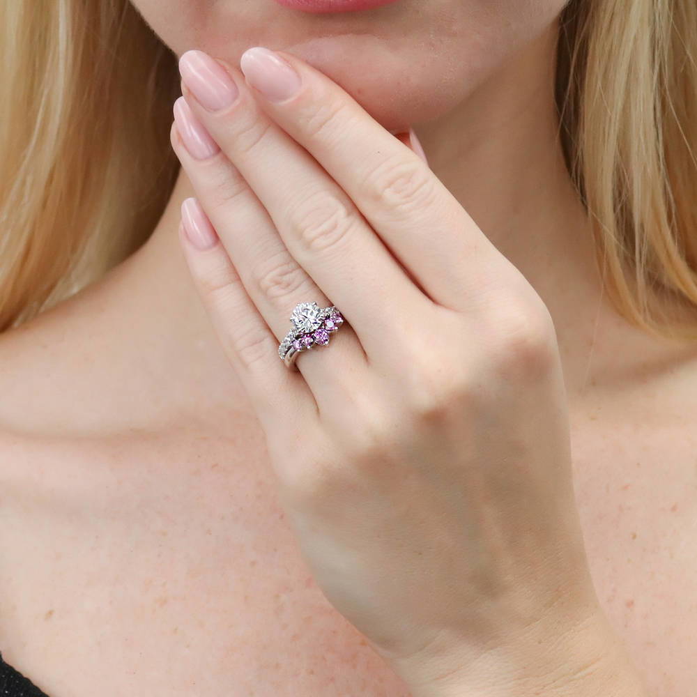 Model wearing 5-Stone Solitaire CZ Ring Set in Sterling Silver