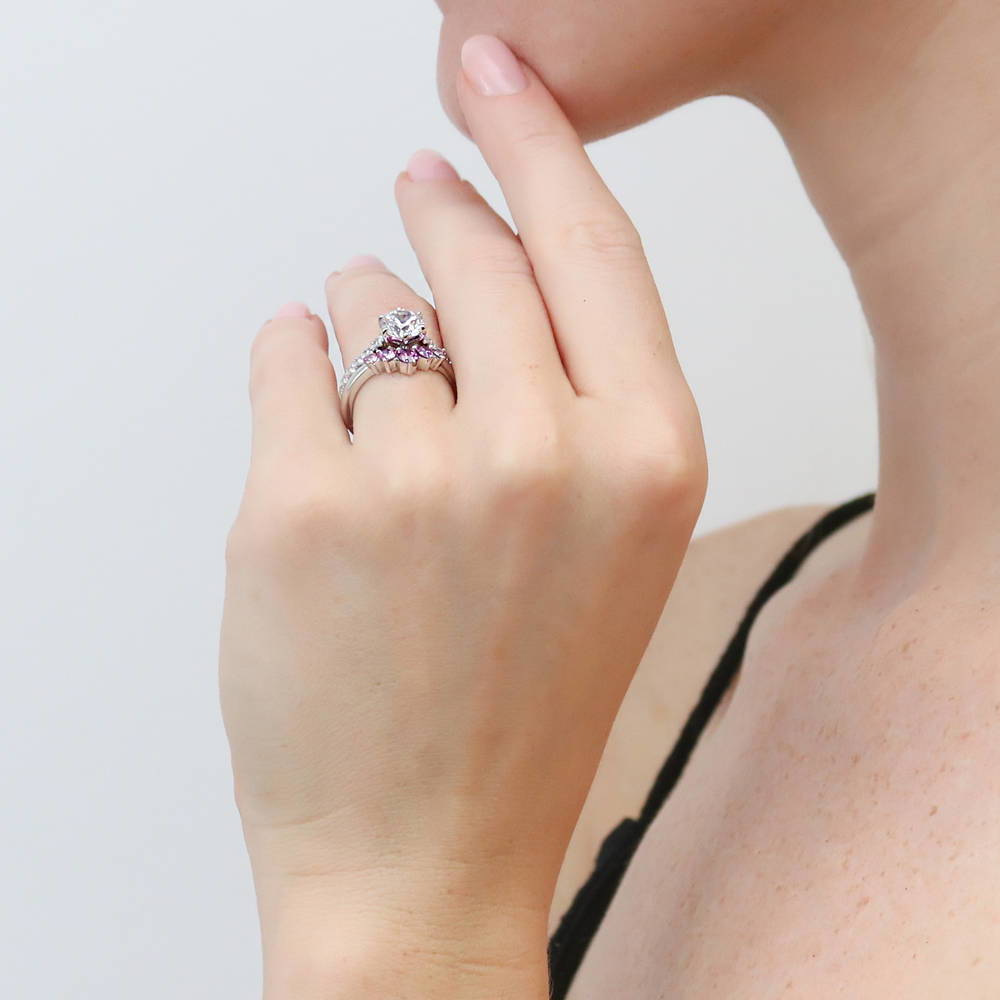 Model wearing 5-Stone Solitaire CZ Ring Set in Sterling Silver