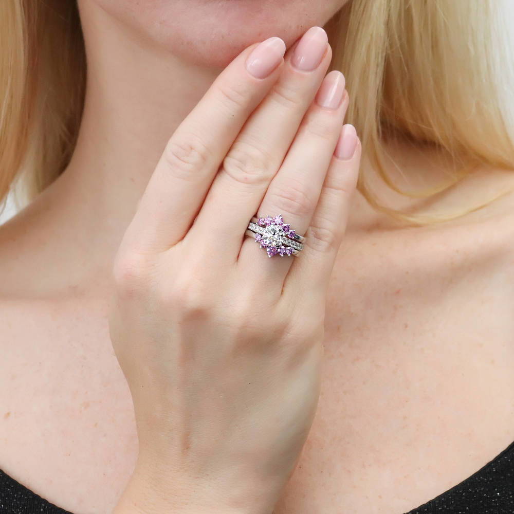 Model wearing 5-Stone Solitaire CZ Ring Set in Sterling Silver