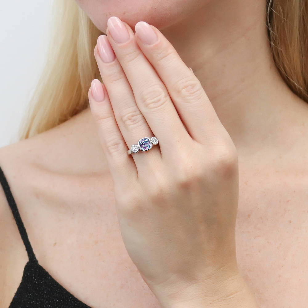 Model wearing 3-Stone Kaleidoscope Purple Aqua Cushion CZ Ring in Sterling Silver