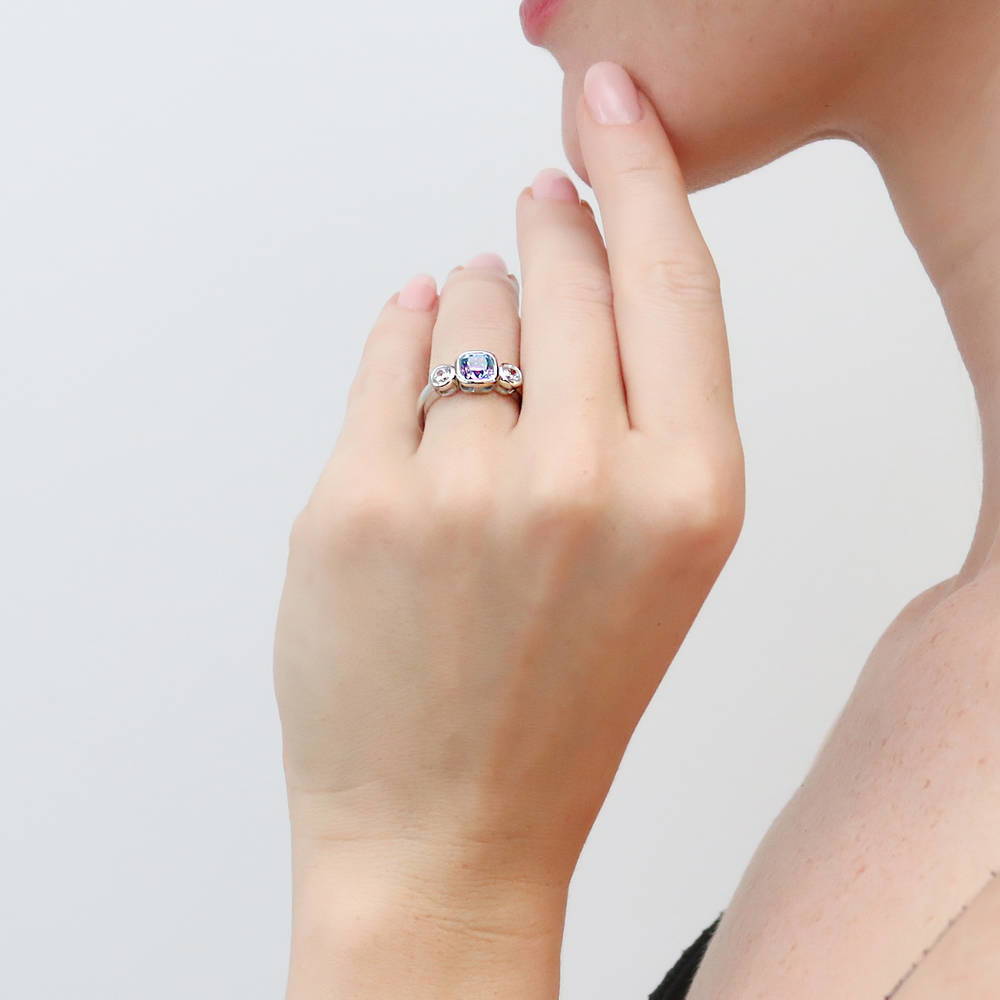 Model wearing 3-Stone Kaleidoscope Purple Aqua Cushion CZ Ring in Sterling Silver