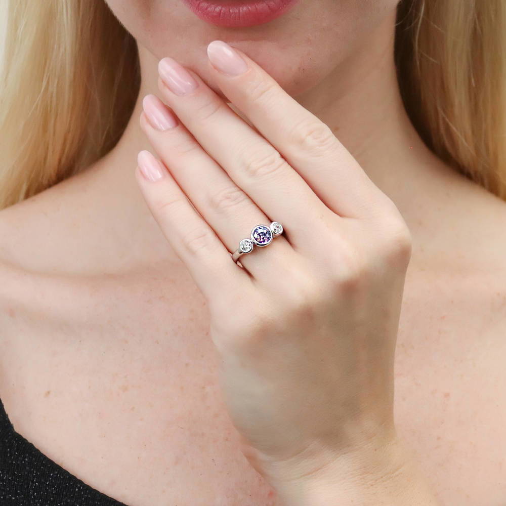 Model wearing 3-Stone Kaleidoscope Purple Aqua Round CZ Ring in Sterling Silver