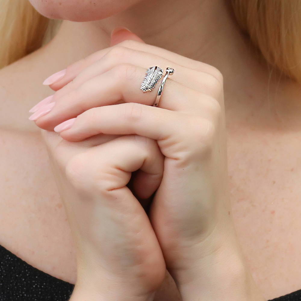 Model wearing Feather Bypass CZ Ring in Sterling Silver, 7 of 10