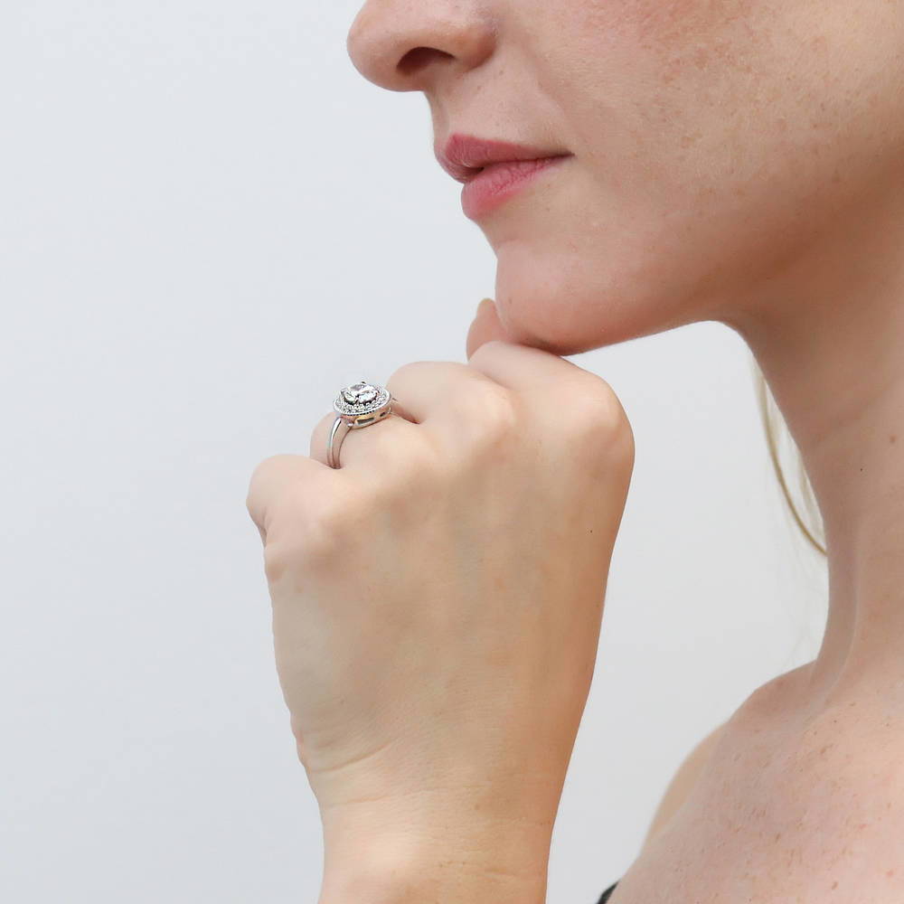 Model wearing Halo Woven Oval CZ Ring in Sterling Silver