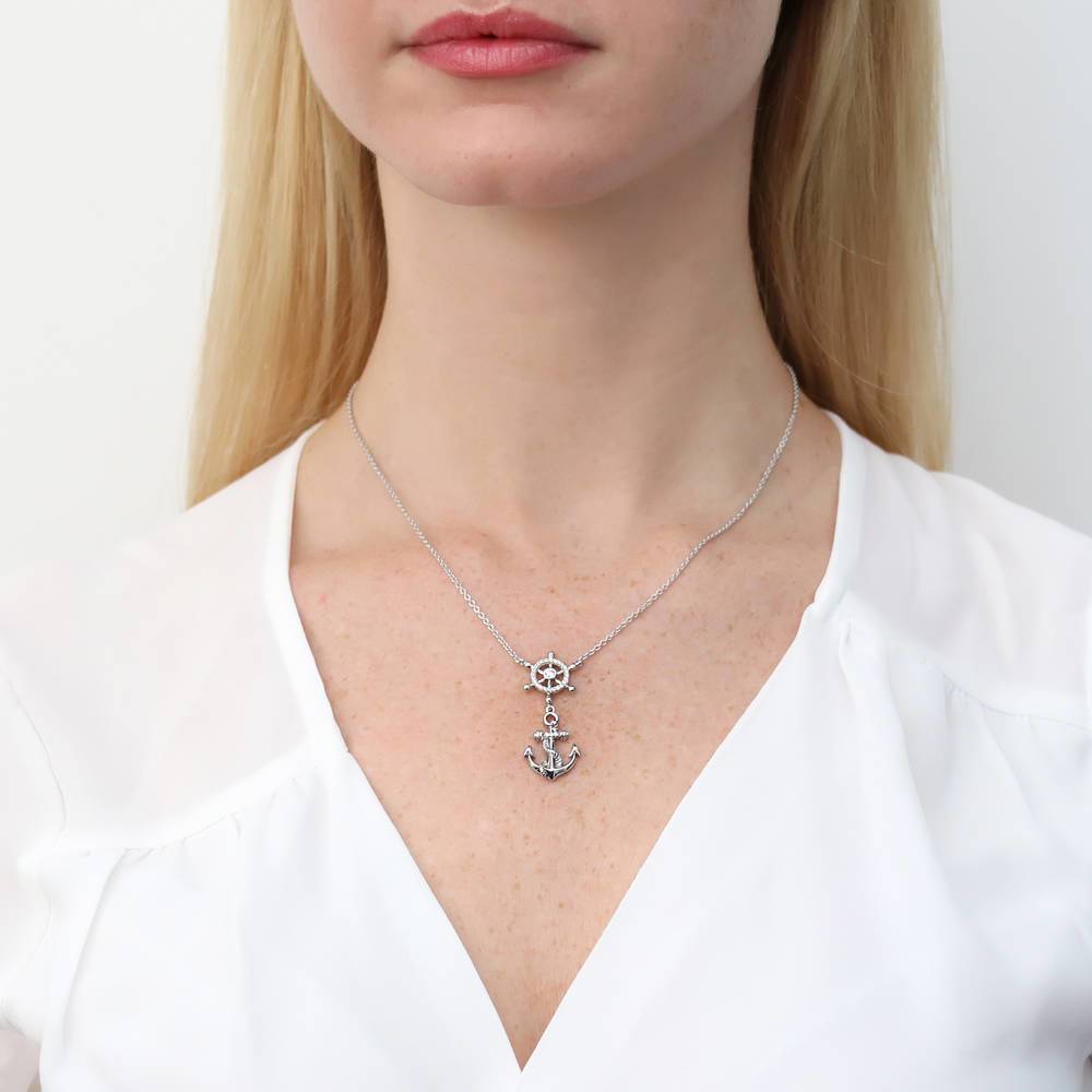 Model wearing Anchor CZ Pendant Necklace in Sterling Silver