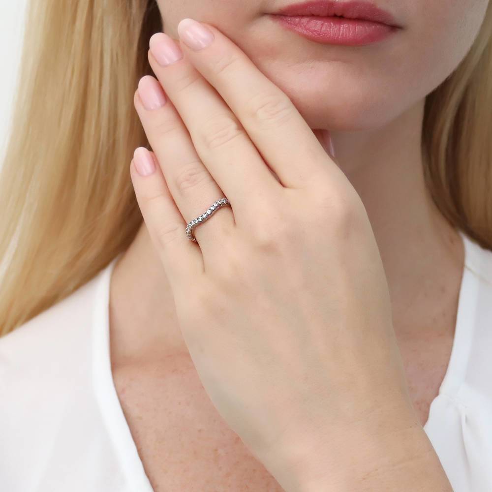 Model wearing Woven Wishbone CZ Curved Half Eternity Ring in Sterling Silver, 2 of 9