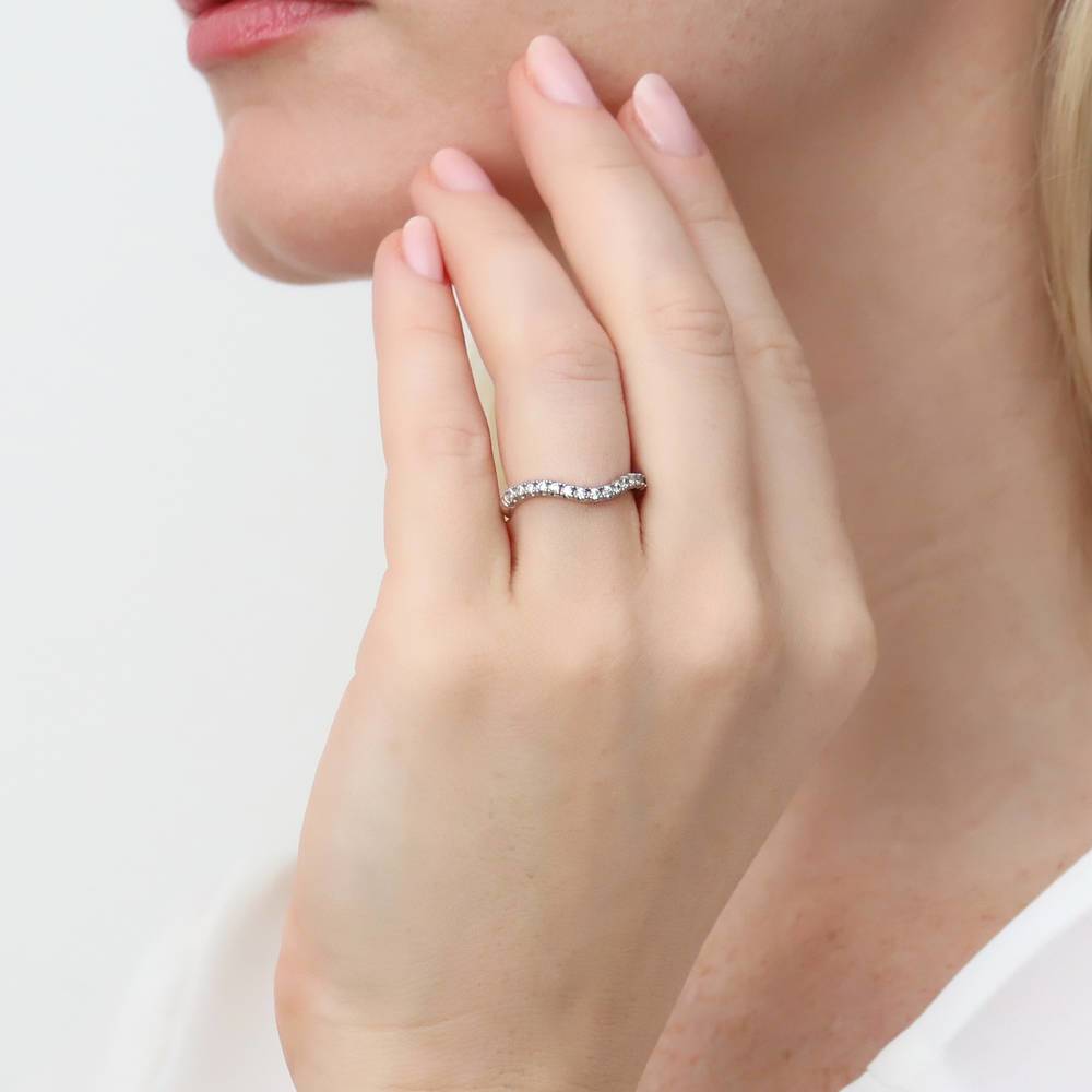 Model wearing Woven Wishbone CZ Curved Half Eternity Ring in Sterling Silver
