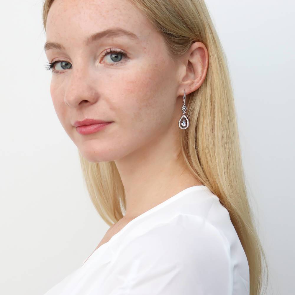 Cable Teardrop CZ Leverback Dangle Earrings in Sterling Silver