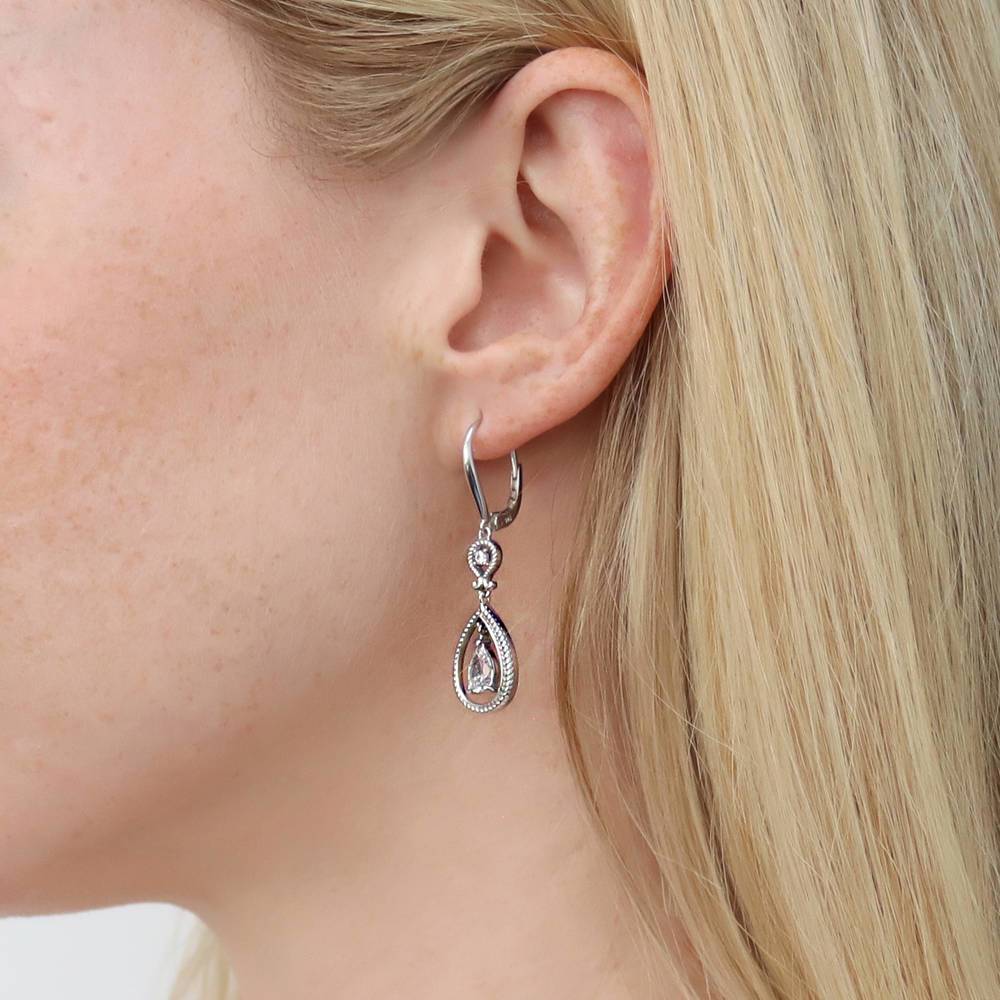 Cable Teardrop CZ Leverback Dangle Earrings in Sterling Silver