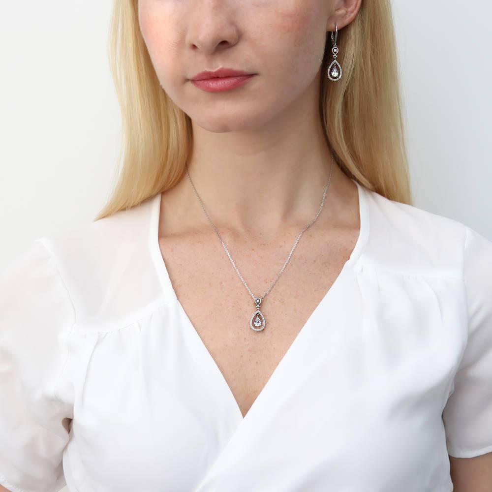 Cable Teardrop CZ Leverback Dangle Earrings in Sterling Silver