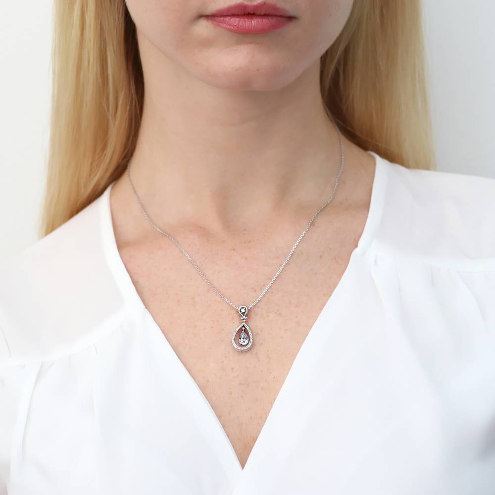 Cable Teardrop CZ Pendant Necklace in Sterling Silver