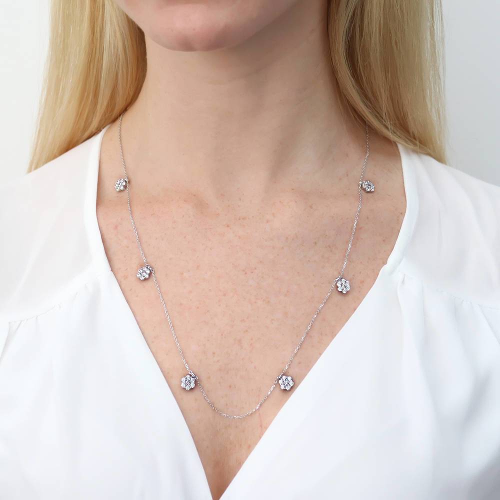 Model wearing Flower CZ Station Necklace in Sterling Silver, 2 of 8