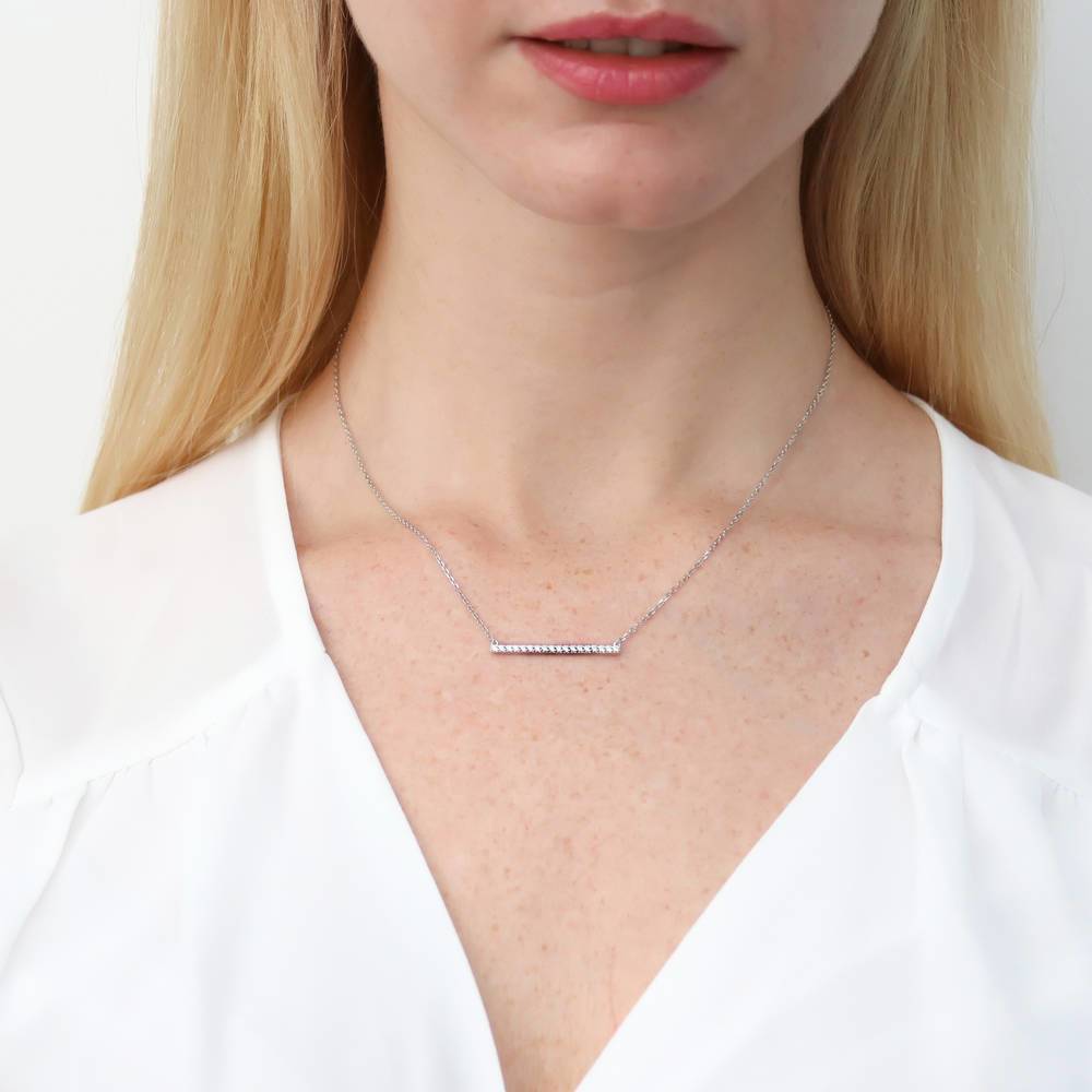 Model wearing Bar CZ Pendant Necklace in Sterling Silver