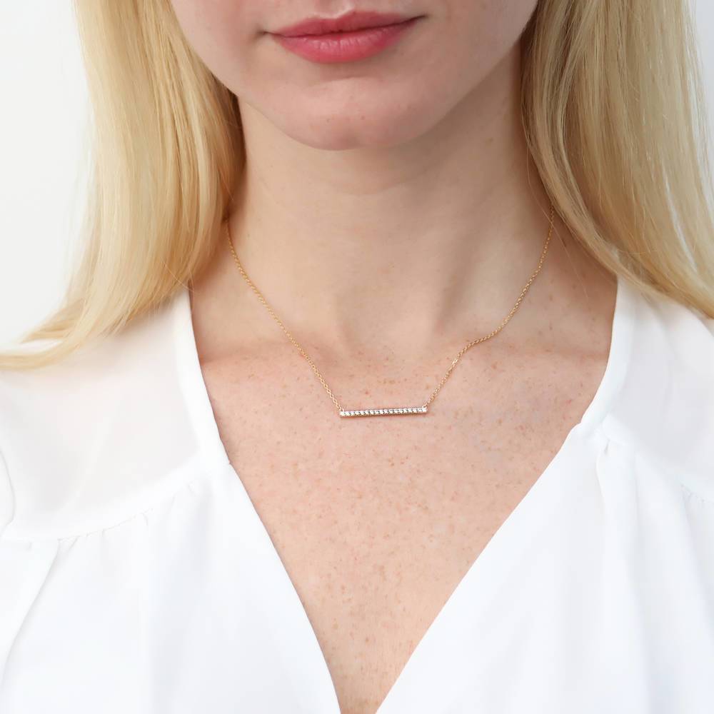Model wearing Bar CZ Pendant Necklace in Gold Flashed Sterling Silver, 2 of 8