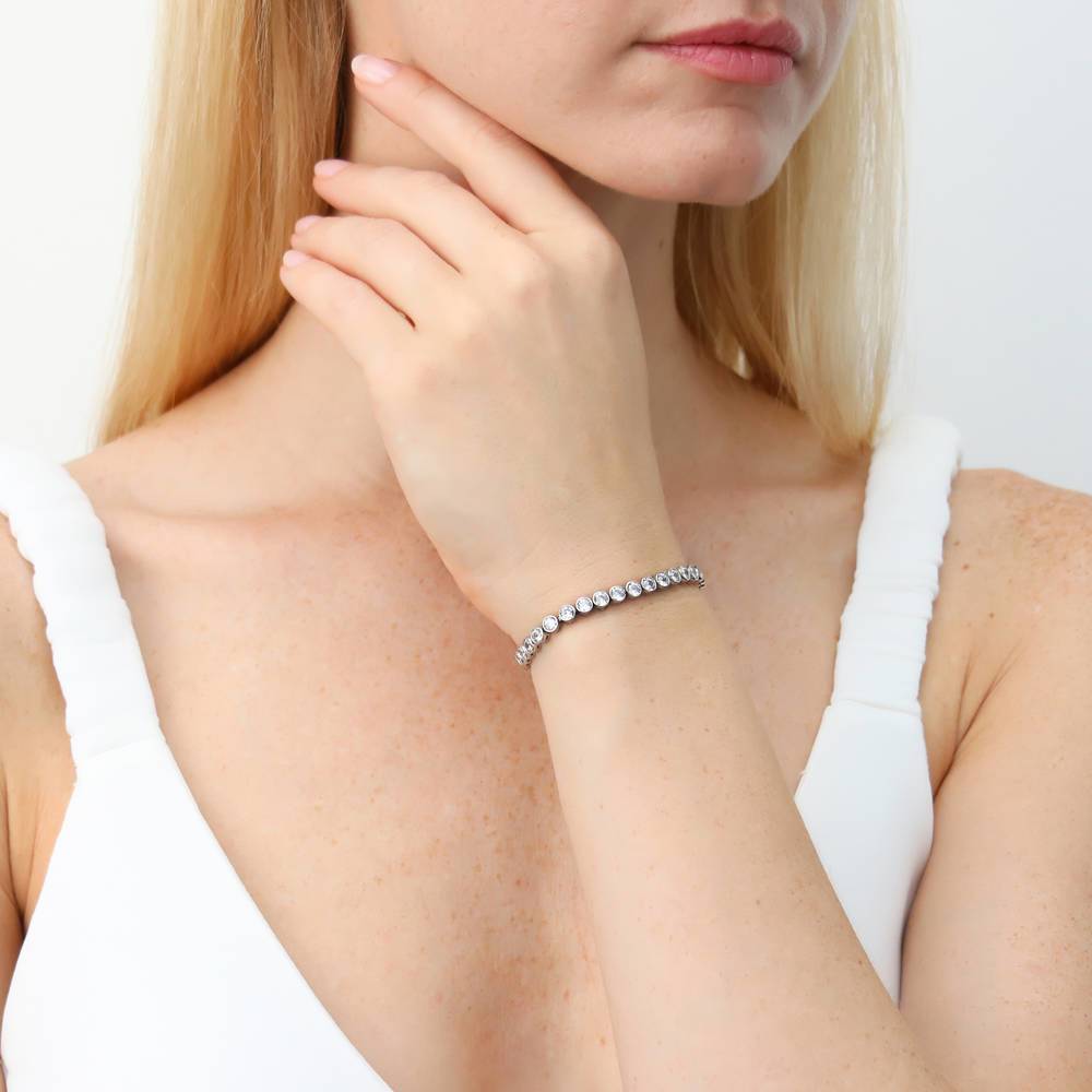 Model wearing Bubble Bar Bezel Set CZ Statement Tennis Bracelet in Sterling Silver