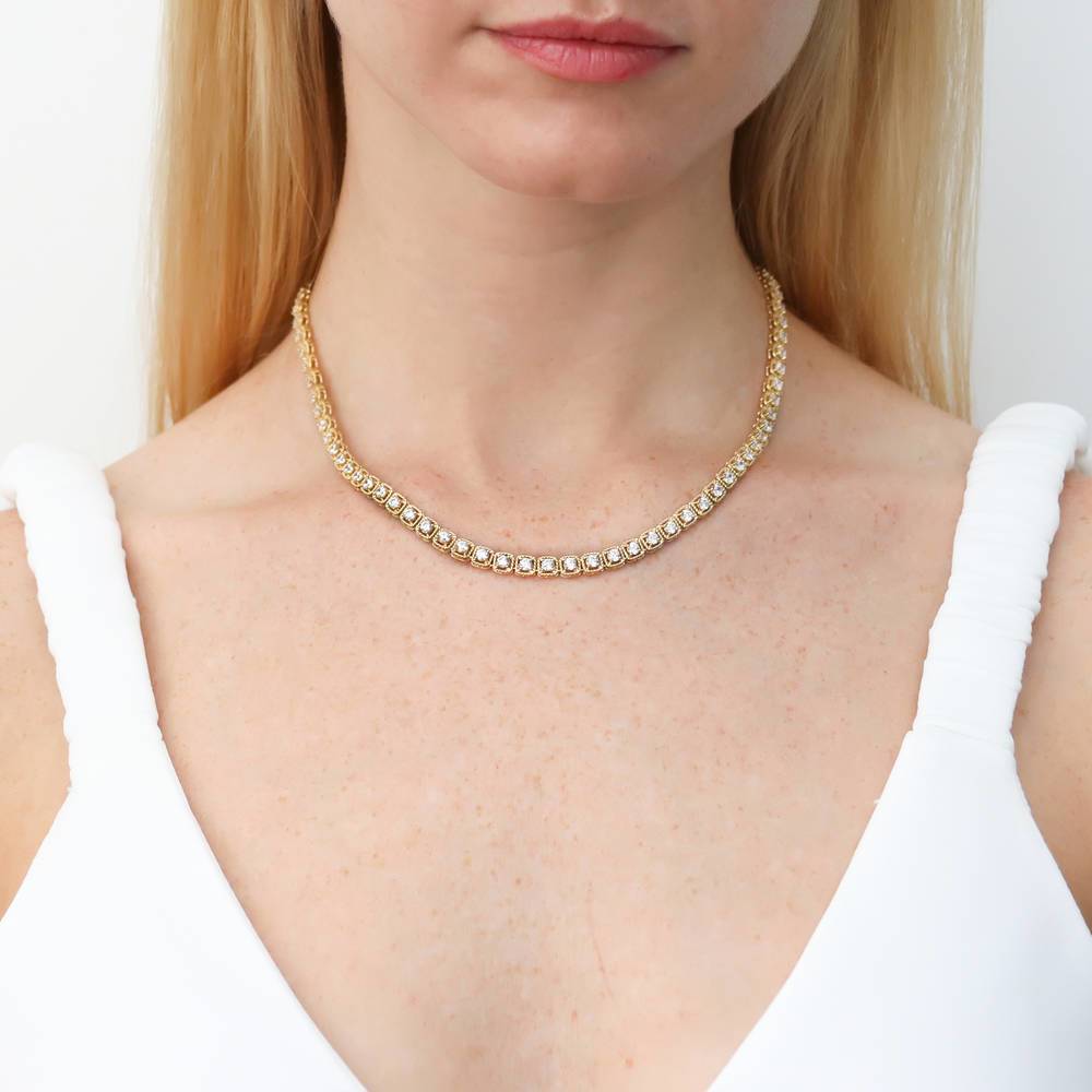 Model wearing Cable CZ Statement Tennis Necklace in Gold Flashed Sterling Silver