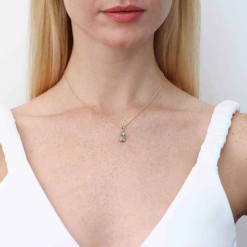 Model wearing Pineapple CZ Pendant Necklace in Gold Flashed Sterling Silver, 2 of 7