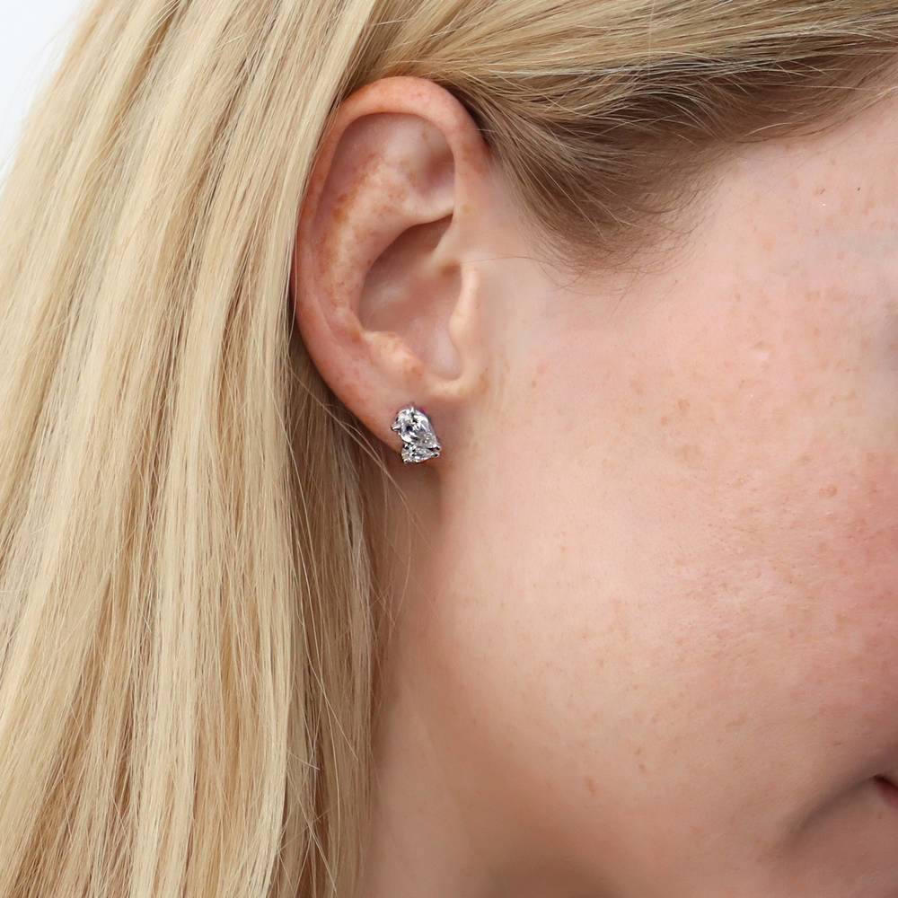 Model wearing 2-Stone CZ Stud Earrings in Sterling Silver