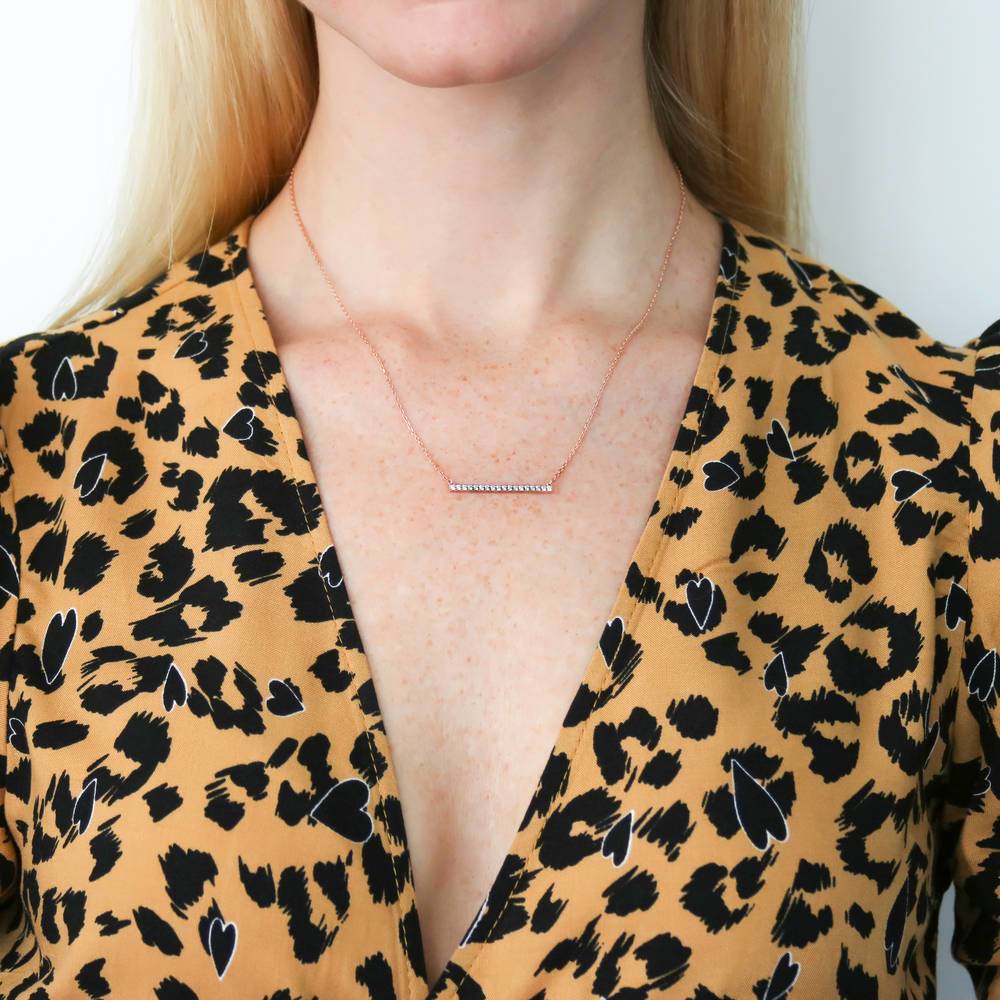 Model wearing Bar CZ Pendant Necklace in Rose Gold Flashed Sterling Silver