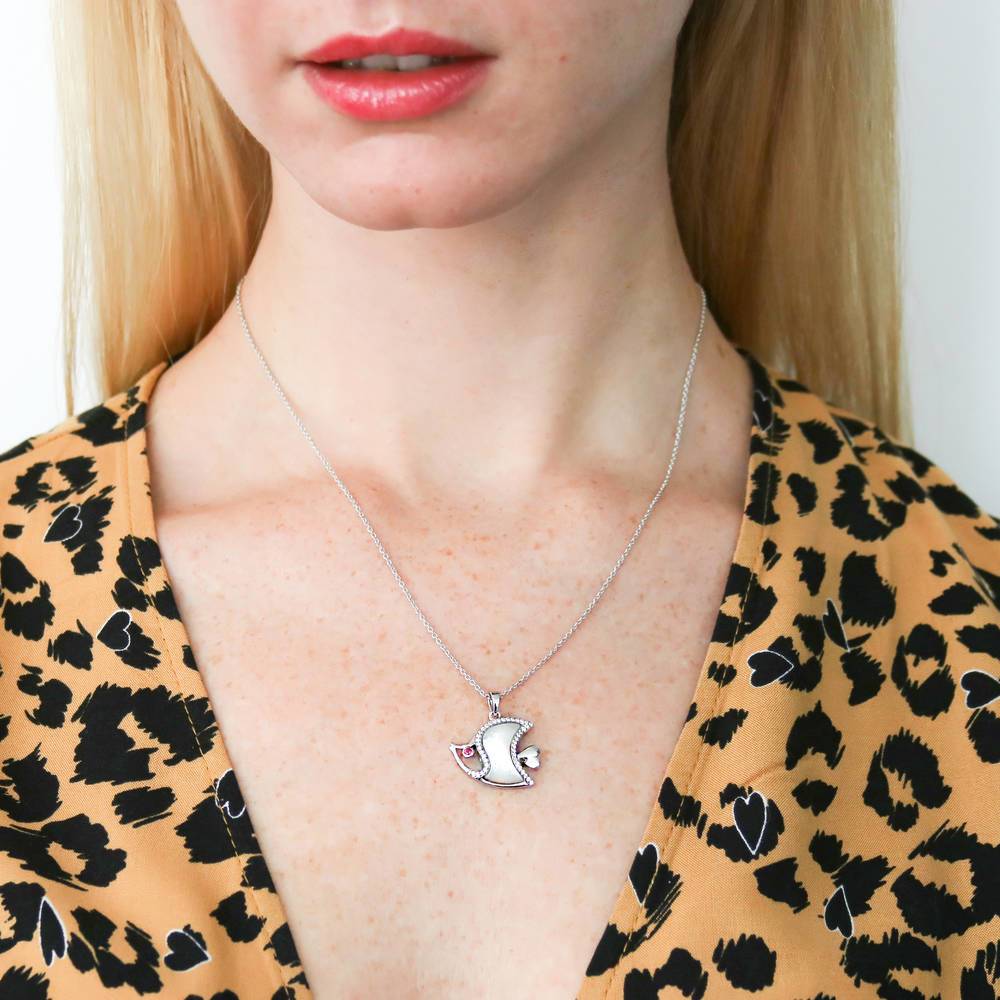Model wearing Fish Mother Of Pearl Pendant Necklace in Sterling Silver