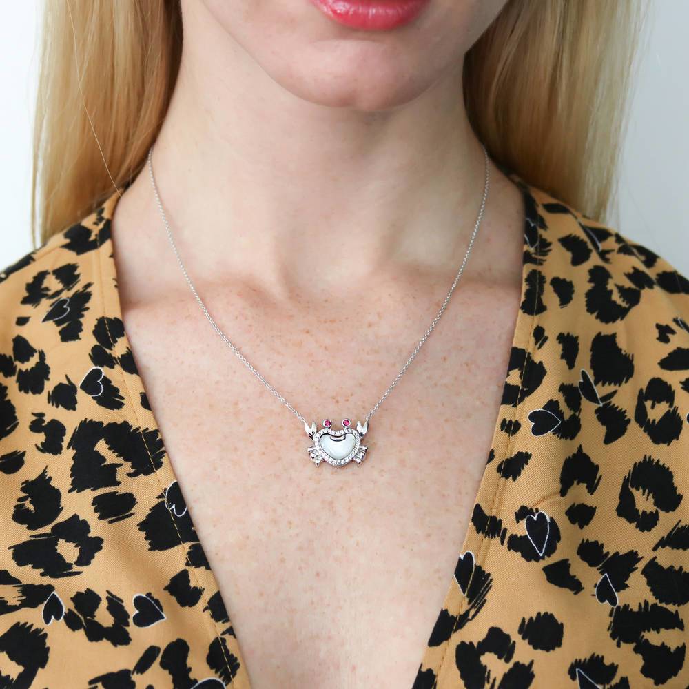 Model wearing Crab Mother Of Pearl Pendant Necklace in Sterling Silver