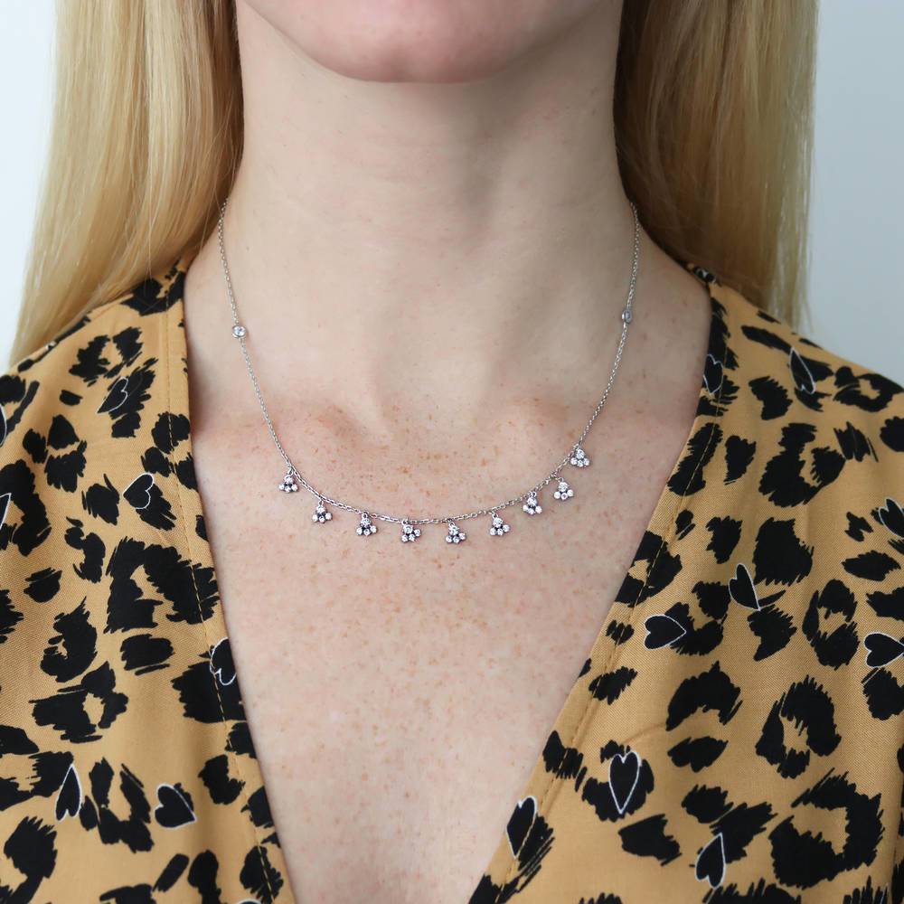 Model wearing Cluster CZ Station Necklace in Sterling Silver