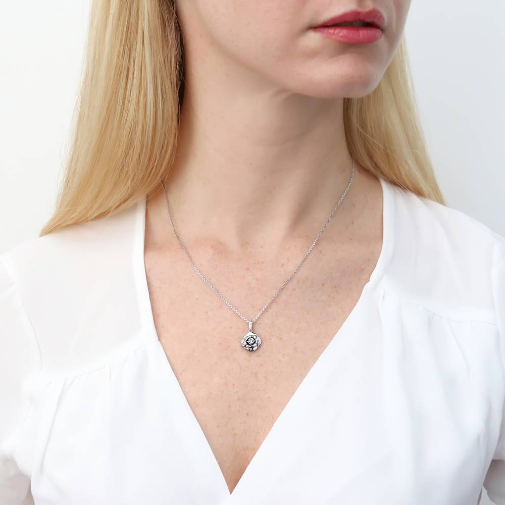 Model wearing Woven CZ Pendant Necklace in Sterling Silver