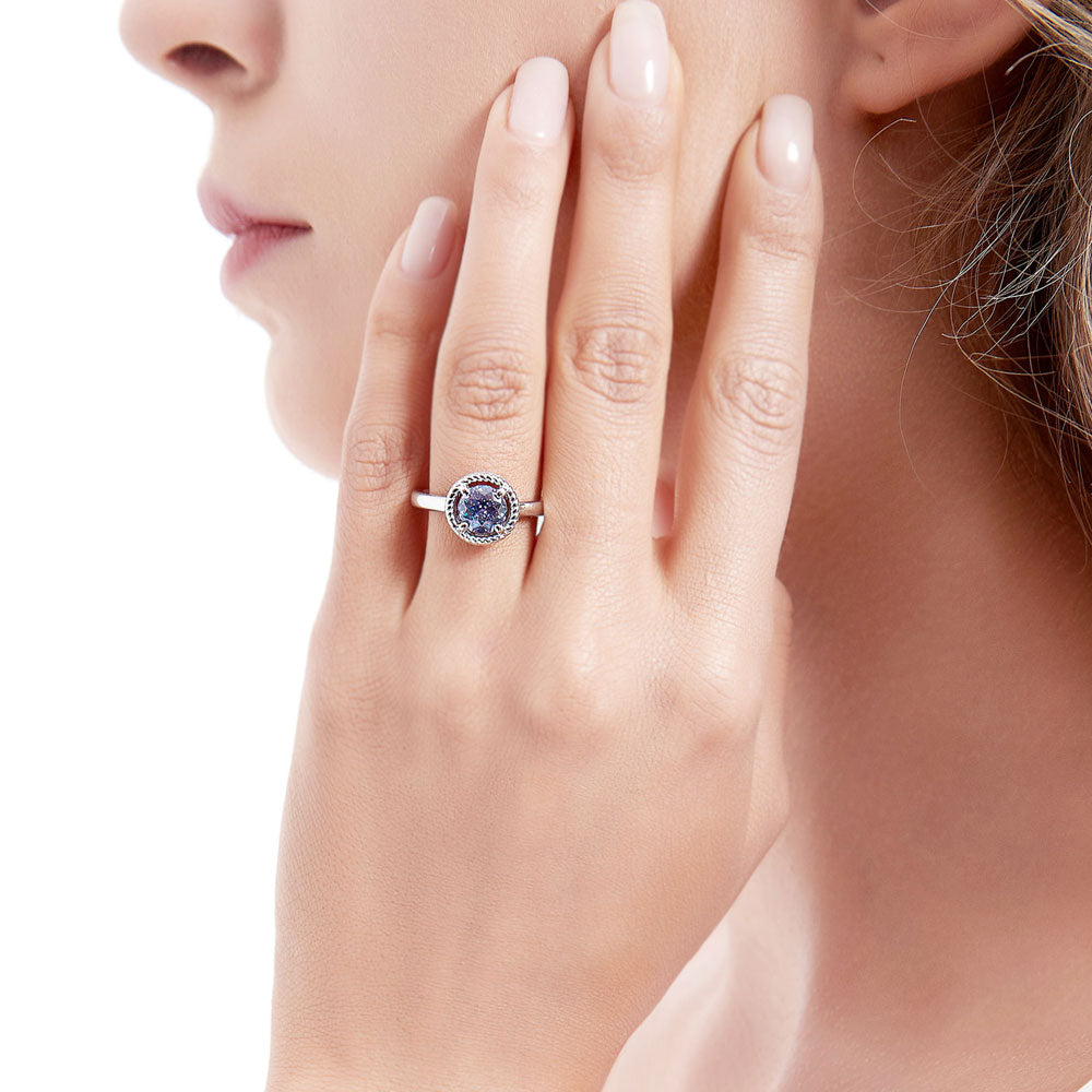 Model wearing Solitaire Purple Aqua Round CZ Ring in Sterling Silver 1.25ct