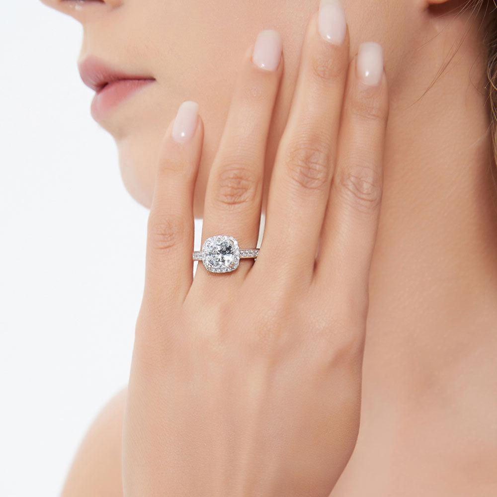 Model wearing Halo Cushion CZ Ring in Sterling Silver, 3 of 9