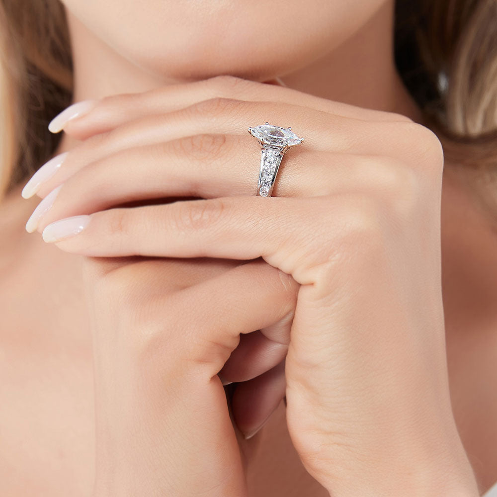 Model wearing Solitaire 1.6ct Marquise CZ Ring in Sterling Silver