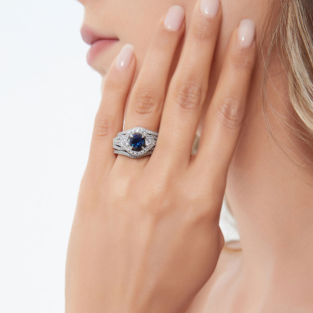 3-Stone Simulated Blue Sapphire Round CZ Ring Set in Sterling Silver