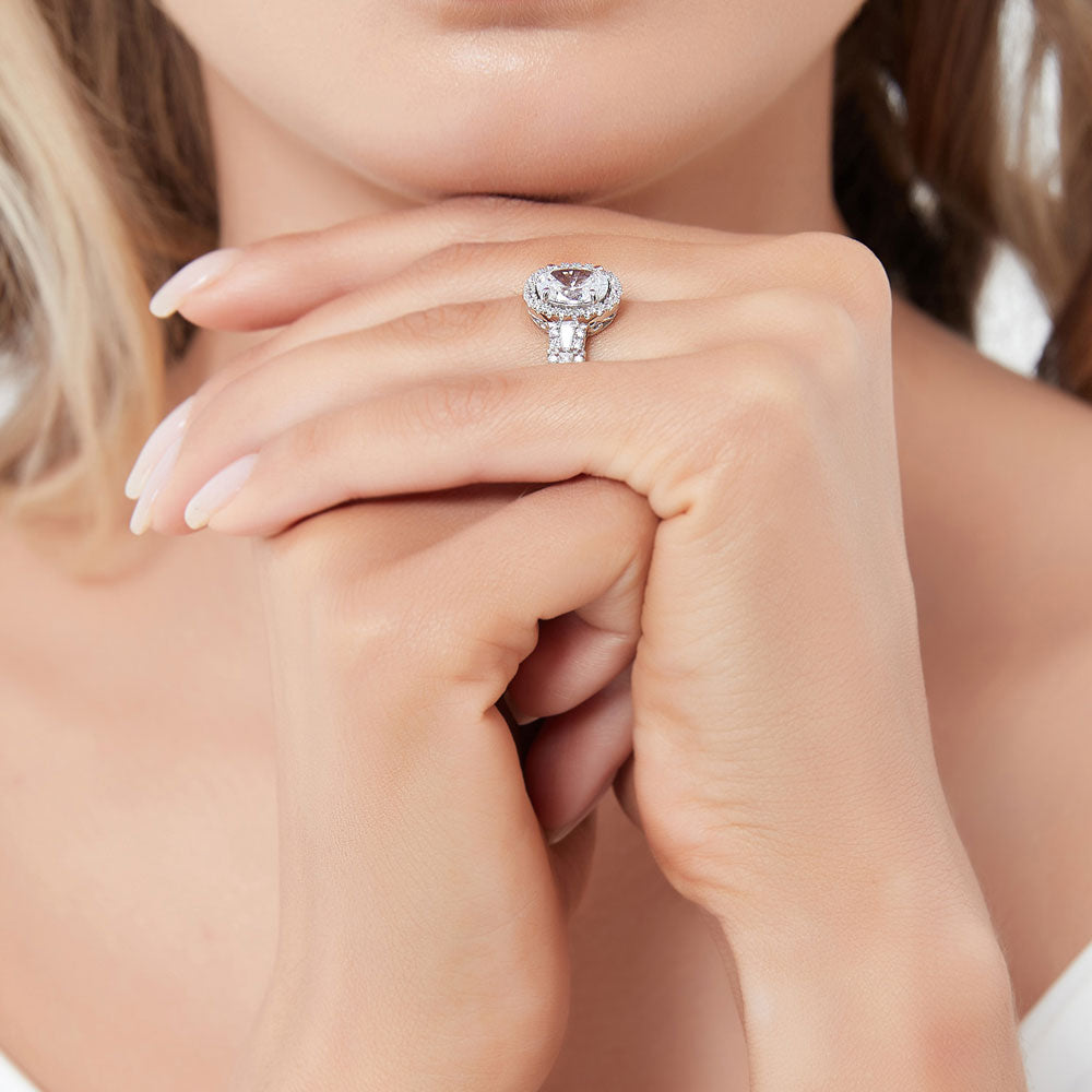 Model wearing Halo Art Deco Oval CZ Statement Ring in Sterling Silver