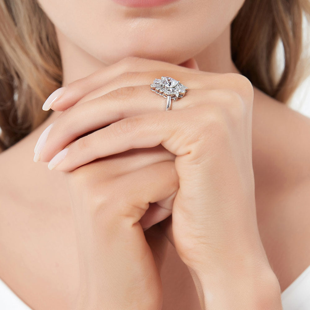 Model wearing Heart Flower CZ Ring in Sterling Silver