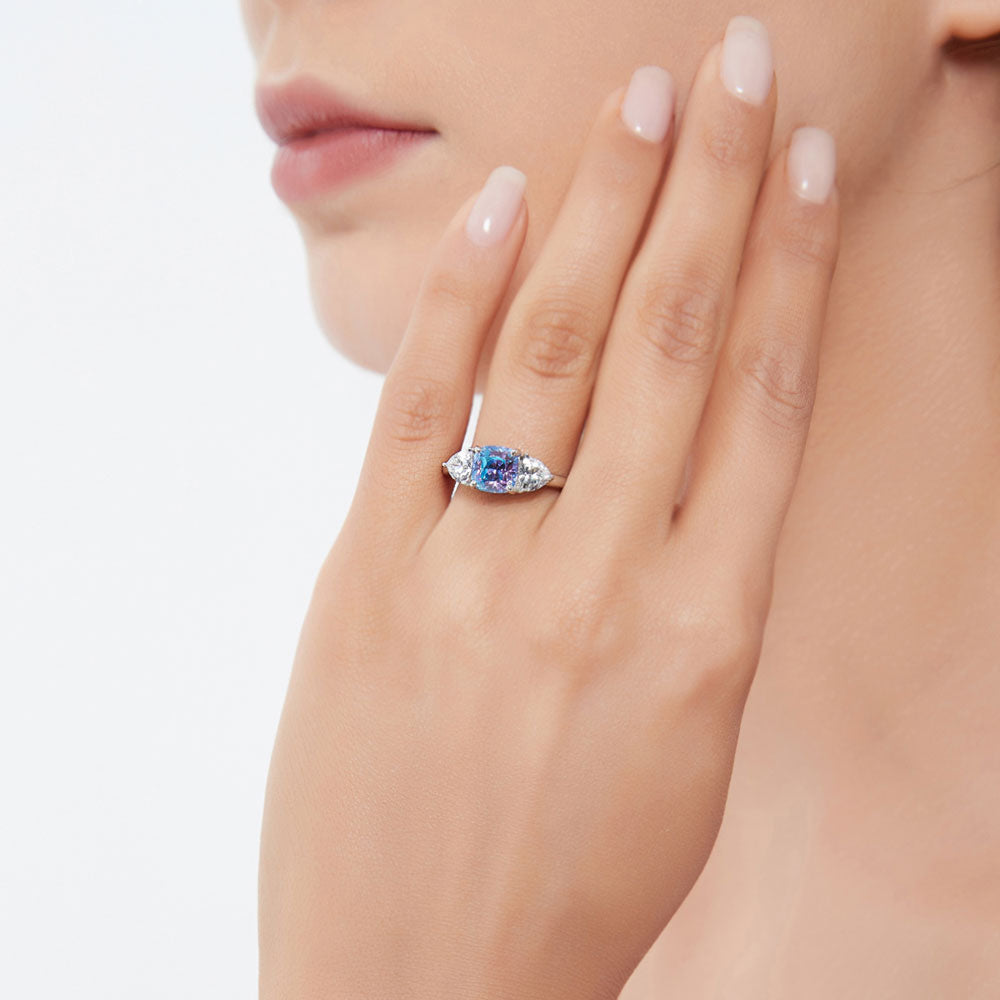 Kaleidoscope 3-Stone Purple Aqua CZ Ring in Sterling Silver