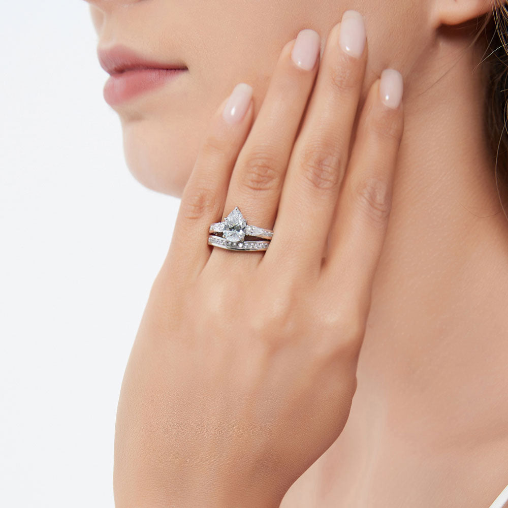 Model wearing 3-Stone Pear CZ Ring Set in Sterling Silver