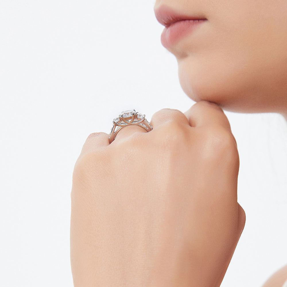 Model wearing 3-Stone Round CZ Ring Set in Sterling Silver, 12 of 14
