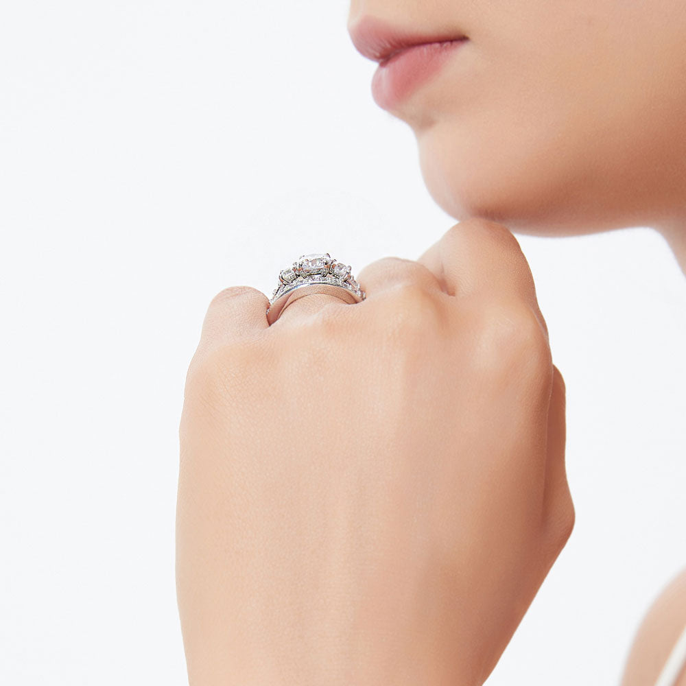 Model wearing 3-Stone Round CZ Ring Set in Sterling Silver