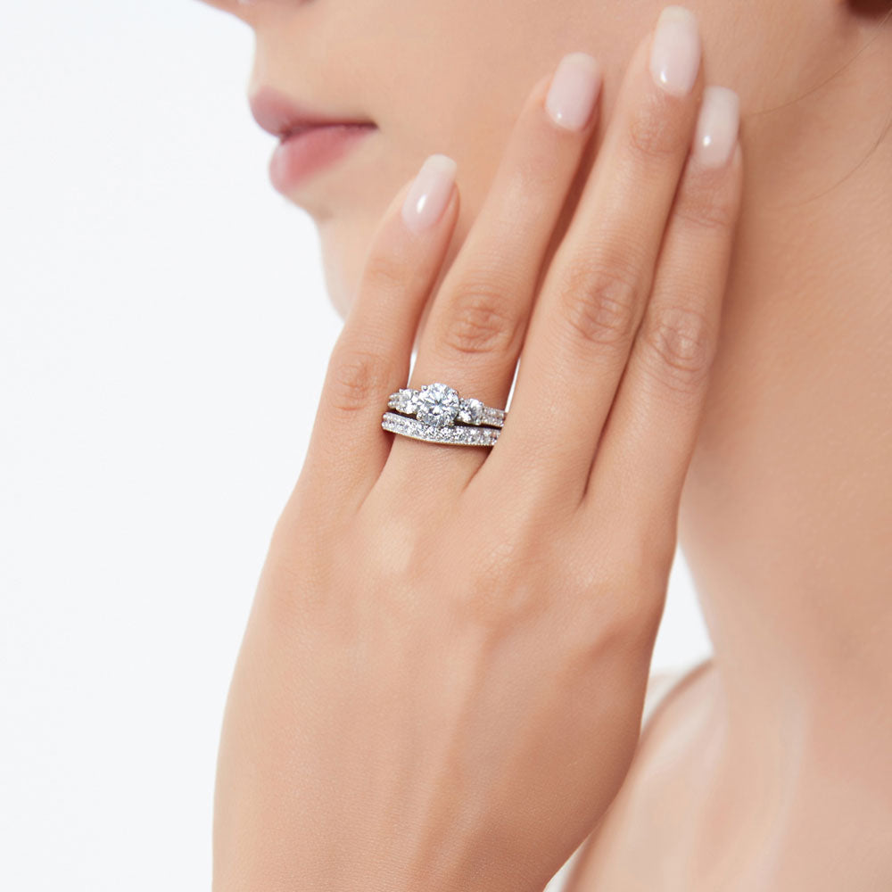 Model wearing 3-Stone Round CZ Ring Set in Sterling Silver