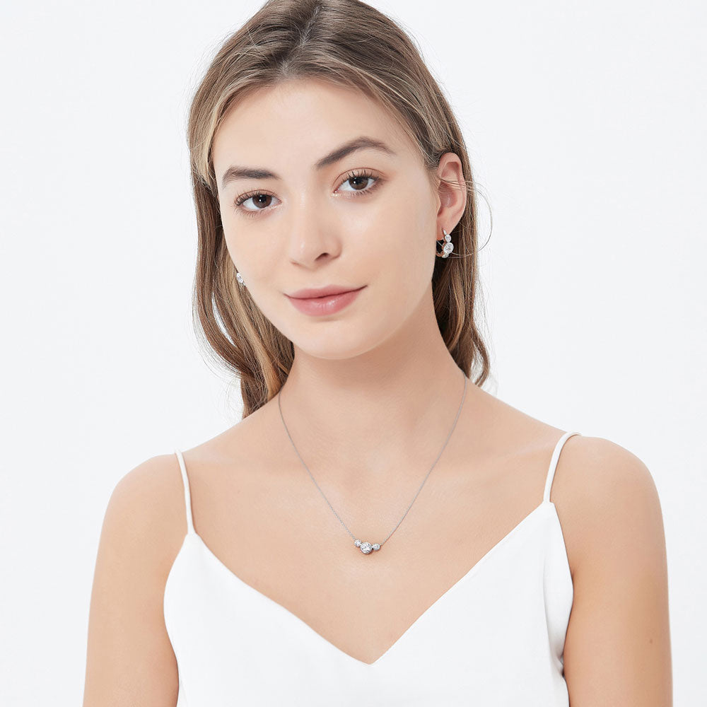 3-Stone Round CZ Medium Hoop Earrings in Sterling Silver 0.72"