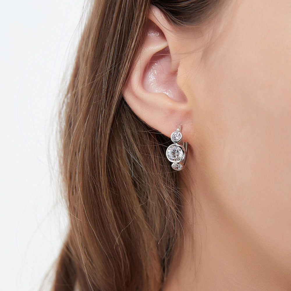 3-Stone Round CZ Medium Hoop Earrings in Sterling Silver 0.72"