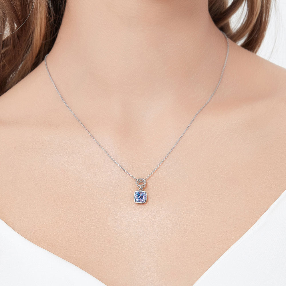 Woven Open Circle Purple Aqua CZ Pendant Necklace in Sterling Silver
