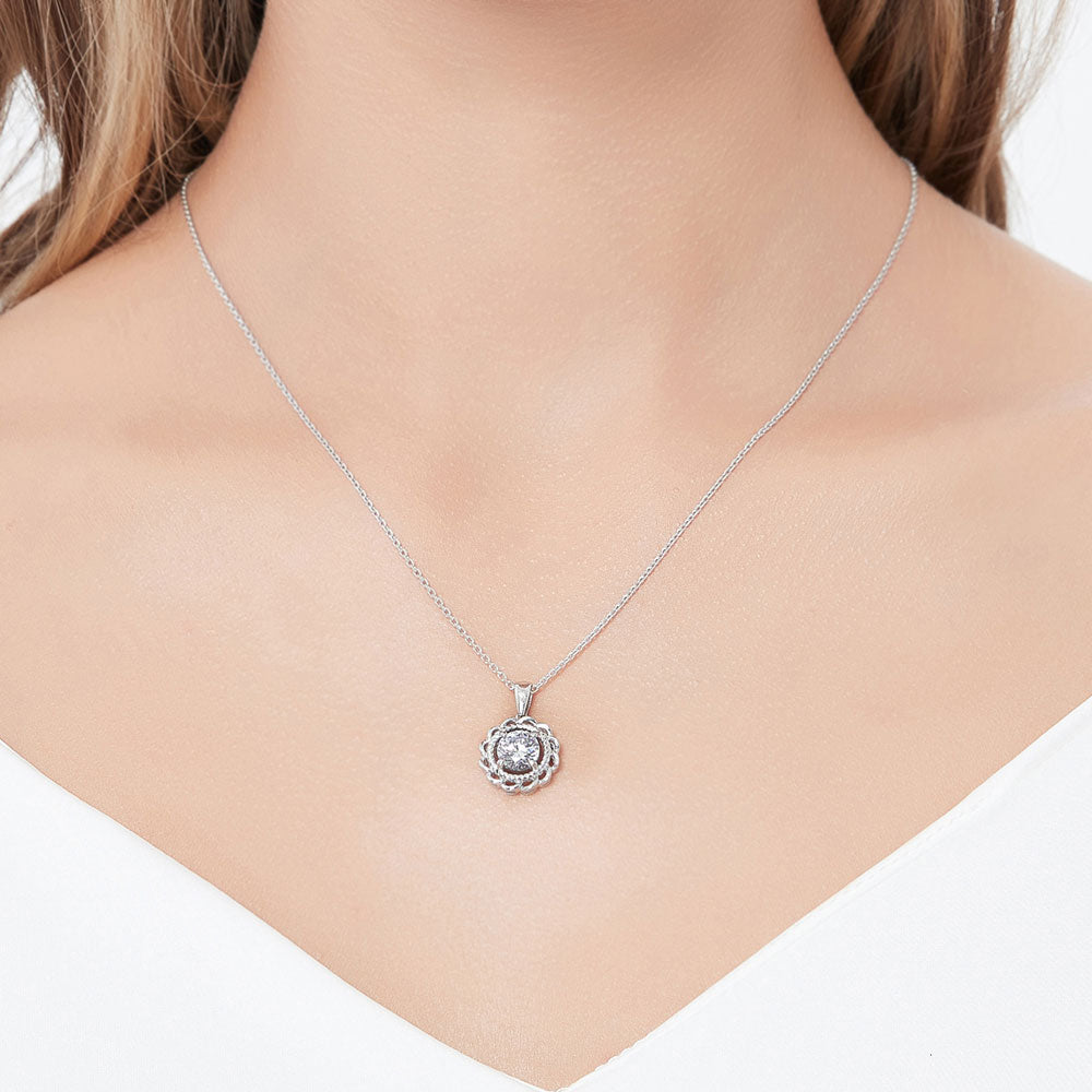 Model wearing Solitaire Woven 1.25ct Round CZ Pendant Necklace in Sterling Silver