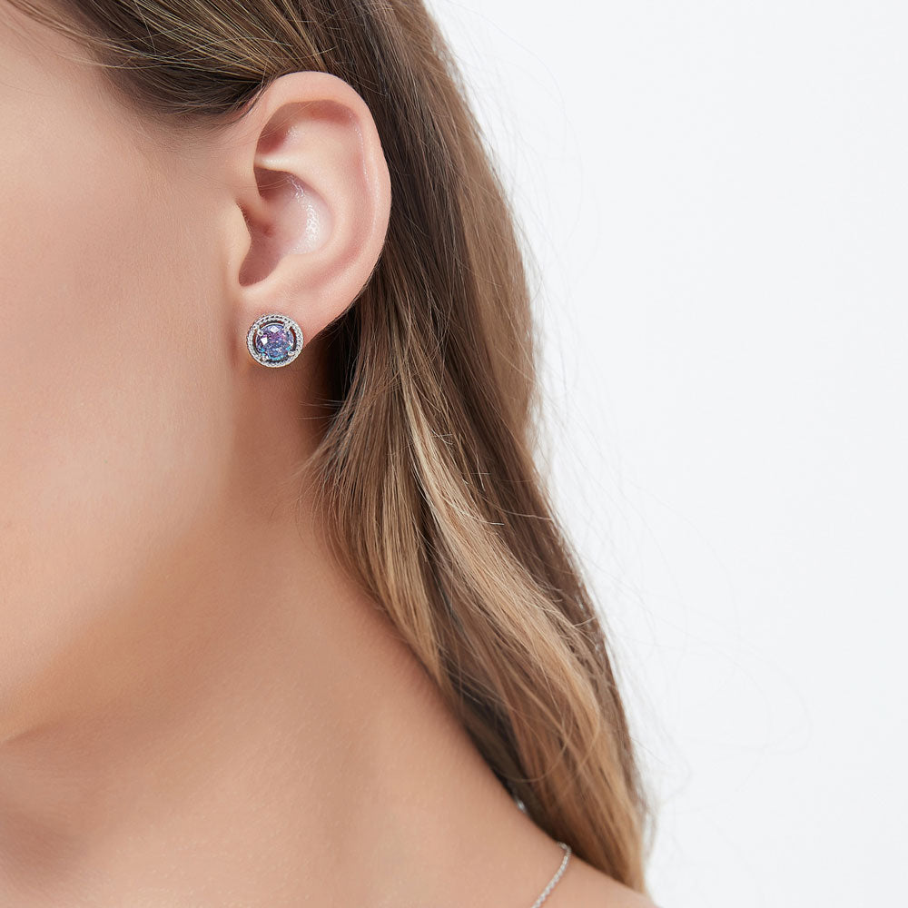 Model wearing Solitaire Purple Aqua Round CZ Stud Earrings in Sterling Silver 2.5ct