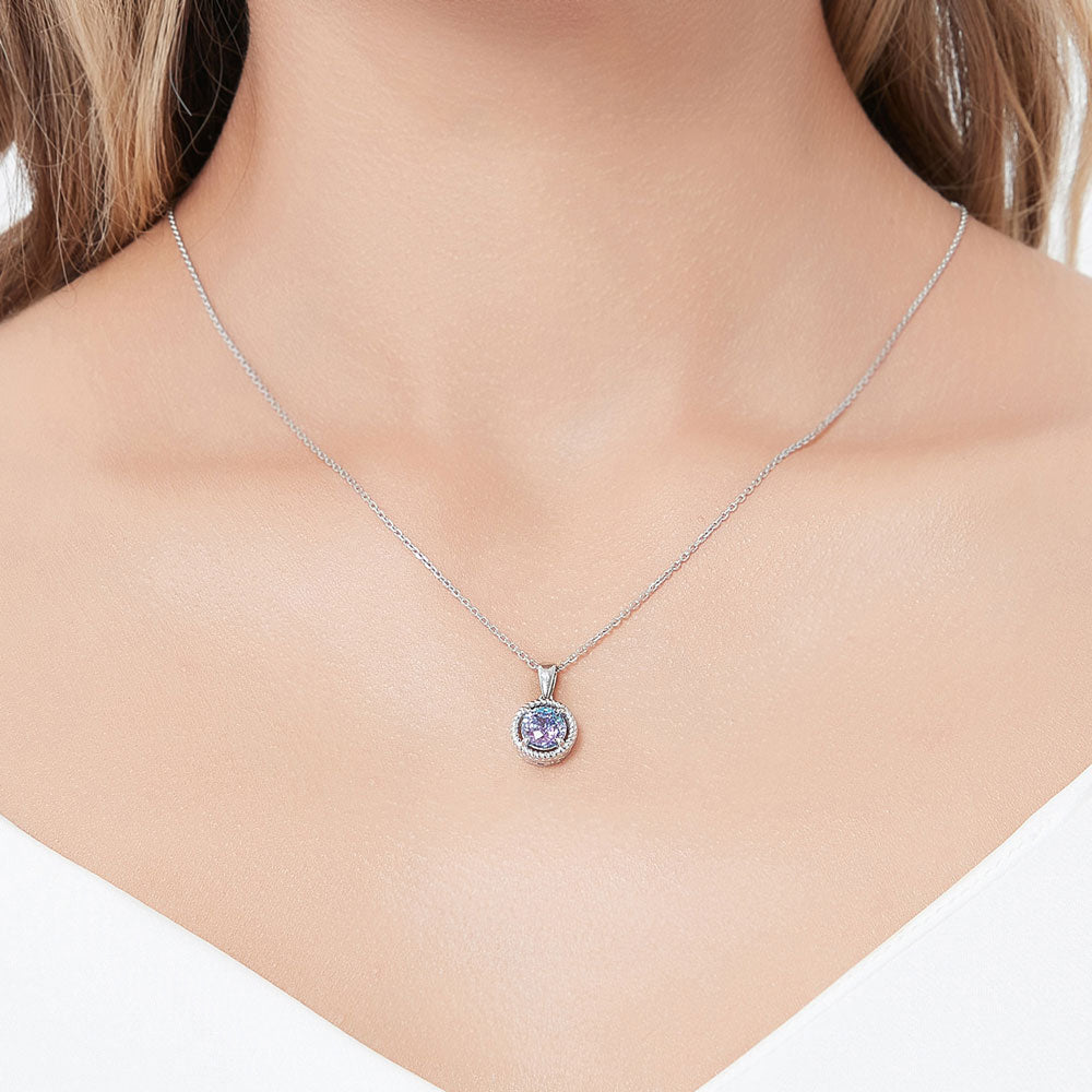 Solitaire Purple Aqua Round CZ Necklace in Sterling Silver 1.25ct